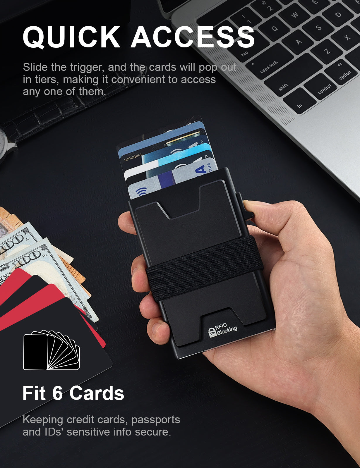 Mens Card Holder Wallet,RFID Blocking Credit Card Holder,Pop Up Minimalist Slim Metal Wallet with Backplate & Cash Band,Suitable Gifts for Men
